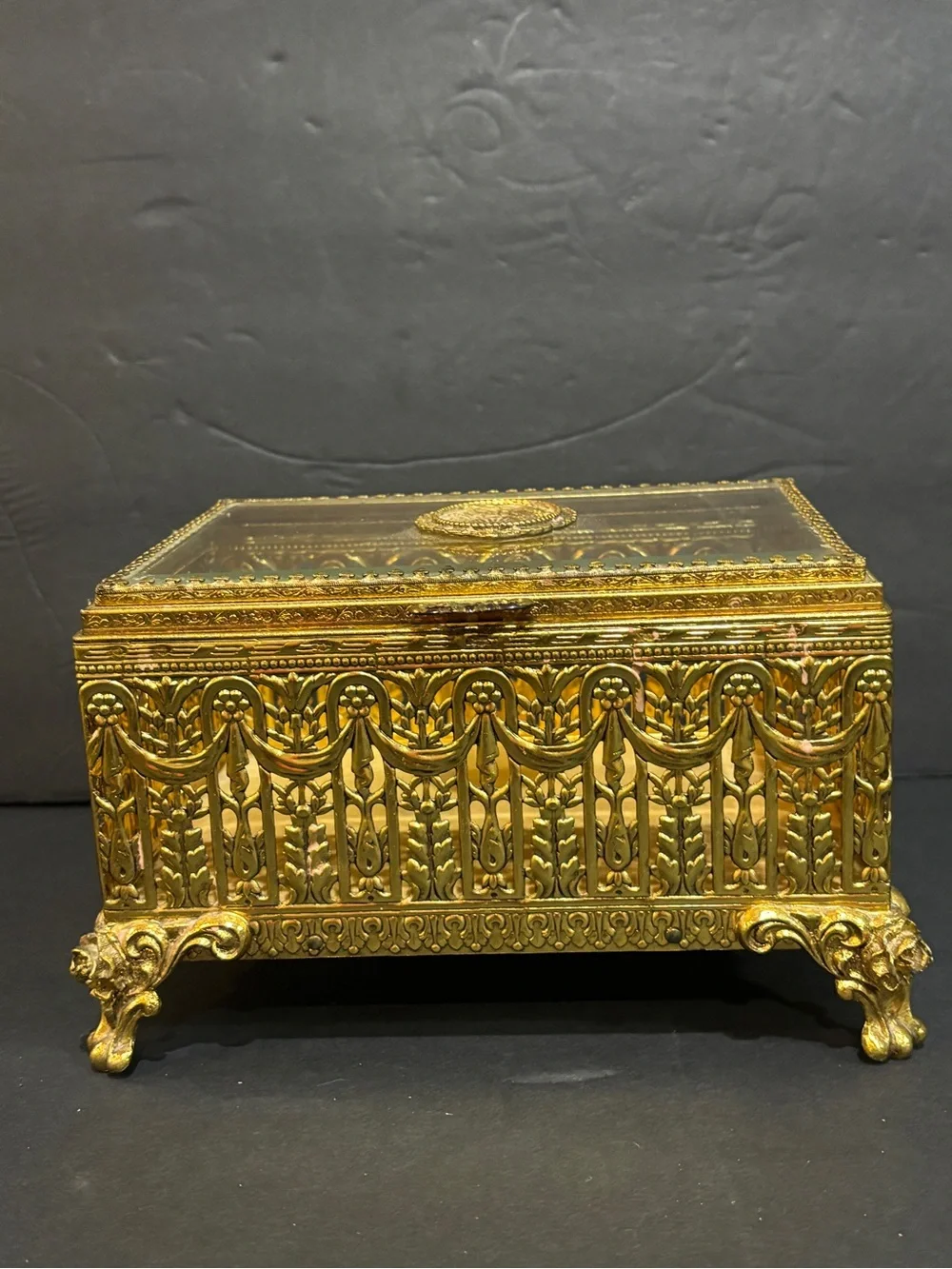 1950s Italian Renaissance Revival Brass Glass Jewelry Trinket Dresser Box 8”